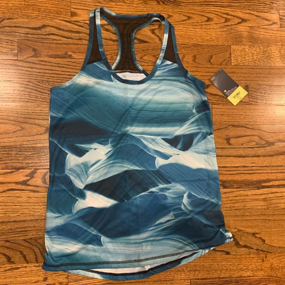 New XERSION Blue White Print Black Mesh Tank Top S